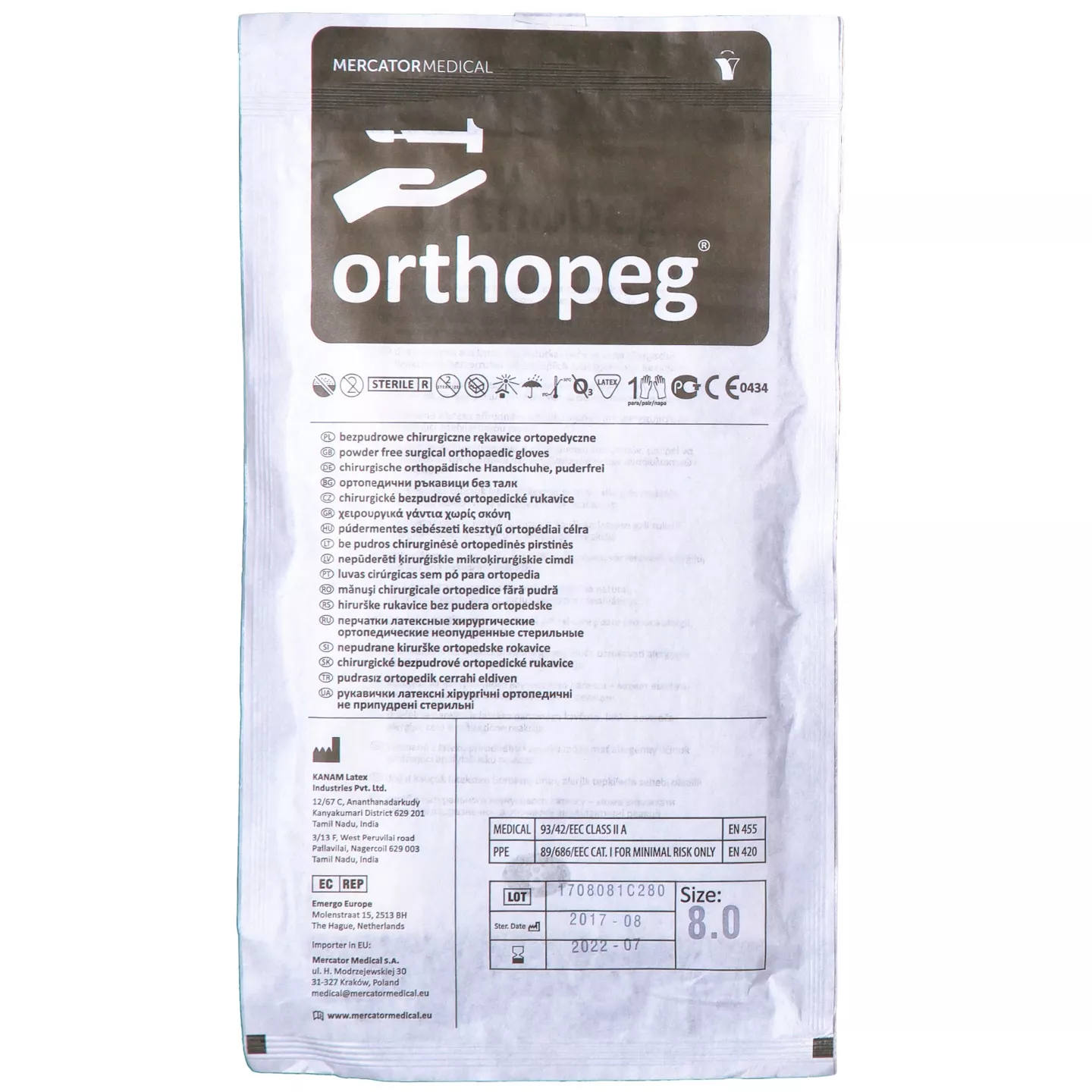 Перчатки Orthopeg , размер 8,0, латексные, неопудренные, повышенной прочности, стерильные