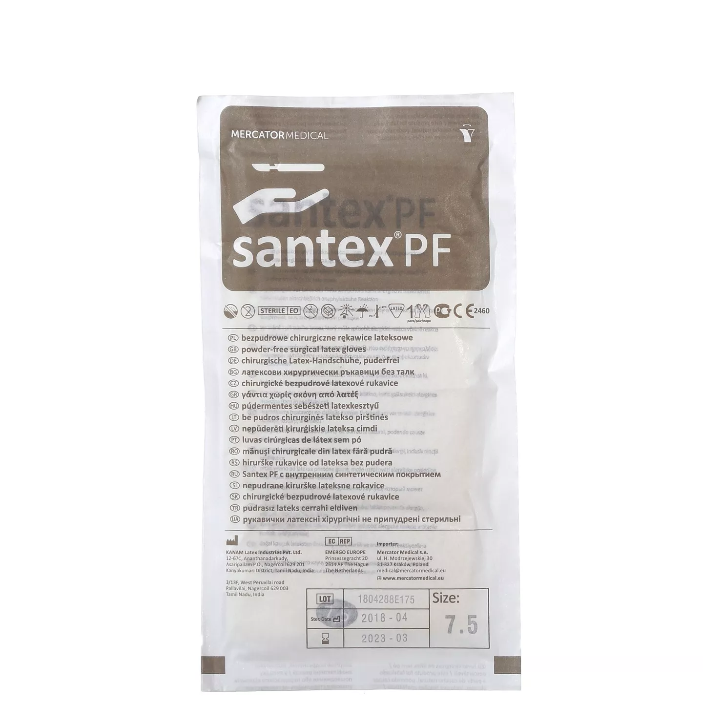 Перчатки Santex PF хирургические, размер 7,5, латексные, неопудренные, текстурированные, стерильные