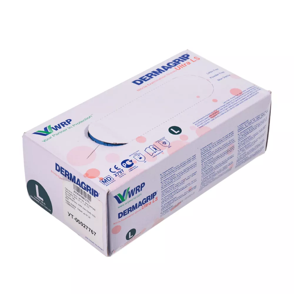 Перчатки Dermagrip Ultra LS, размер L, нитриловые, вес 8,0г/пара, неопудренные, текстурированные на пальцах, цвет голубой, нестерильные