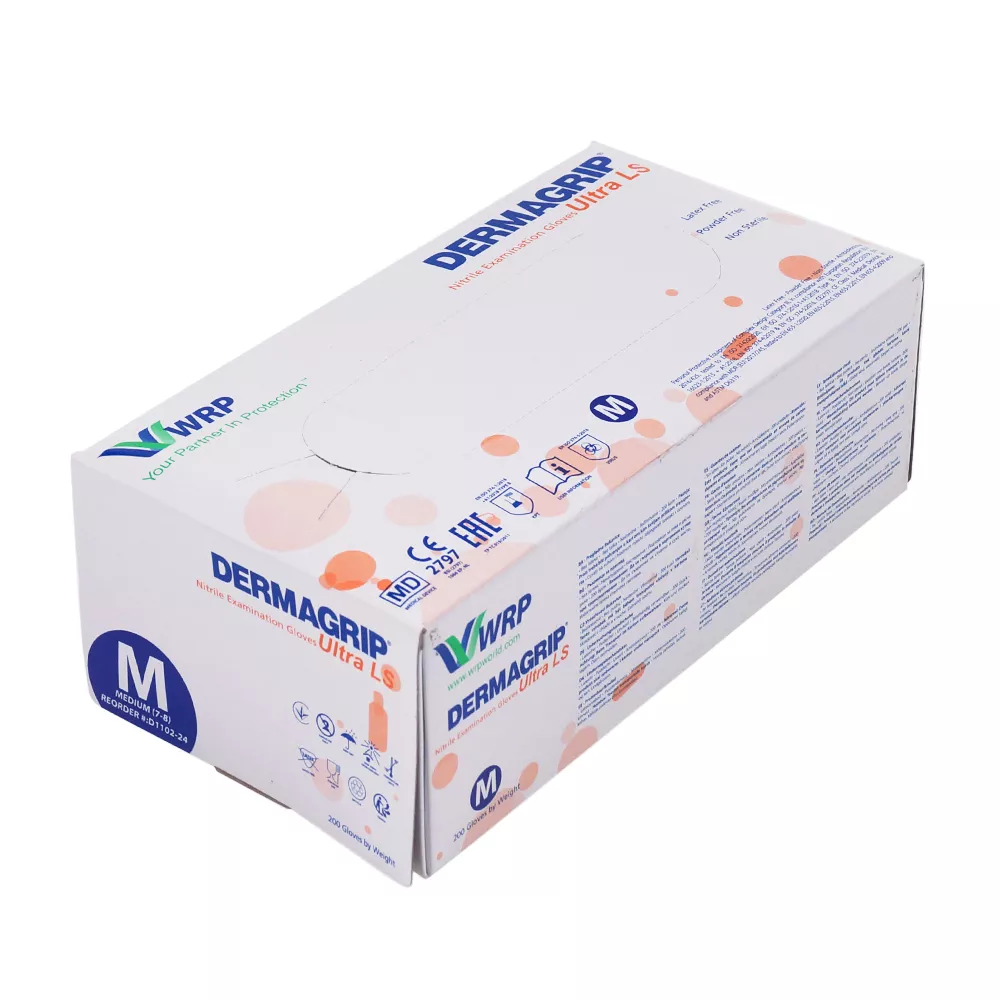 Перчатки Dermagrip Ultra LS, размер M, нитриловые, вес 7,0г/пара, неопудренные, текстурированные на пальцах, цвет голубой, нестерильные