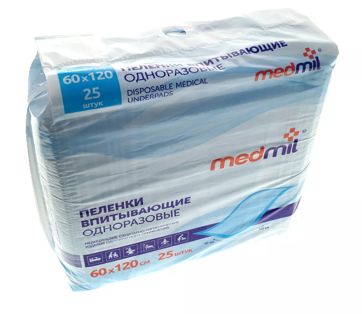 Пеленка Медмил ОПТИМА, впитывающая, размер 60*120см, упаковка 25шт, 5 слоев, нестерильная, фирменная упаковка (НДС 10%)
