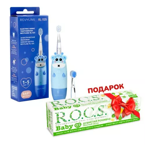 Revyline RL 025 Baby электрическая з/щ, голубая + ПОДАРОК (ROCS BABY Зубная паста для малышей ДУШИСТАЯ РОМАШКА, 45 гр)