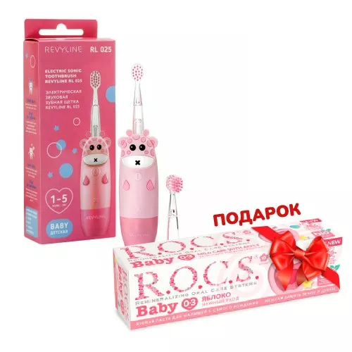 Revyline RL 025 Baby электрическая з/щ, розовая + ПОДАРОК (ROCS BABY Зубная паста для малышей НЕЖНЫЙ УХОД яблоко, 45 гр)