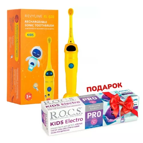 Revyline RL 020 Kids электрическая з/щ, желтая + ПОДАРОК (ROCS KIDS PRO Зубная паста для детей ELECTRO, 45 гр)