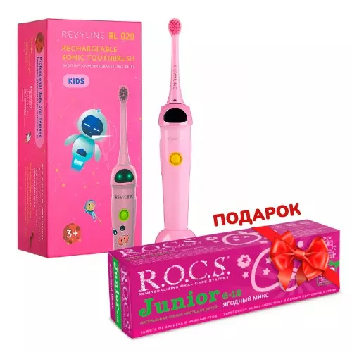 Revyline RL 020 Kids электрическая з/щ, розовая + ПОДАРОК (ROCS JUNIOR Зубная паста для детей 6-12 лет ЯГОДНЫЙ МИКС, 74 гр)