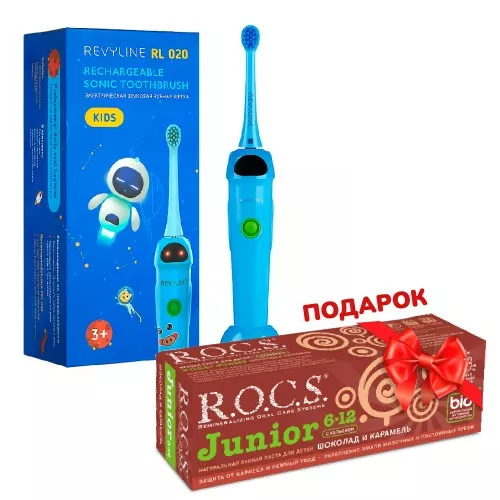 Revyline RL 020 Kids электрическая з/щ, синяя + ПОДАРОК (ROCS JUNIOR Зубная паста для детей 6-12 лет ШОКОЛАД и КАРАМЕЛЬ, 74 гр)