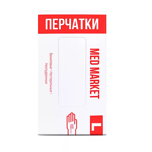 Перчатки виниловые прозрачные Med Market, размер L, 100 шт.