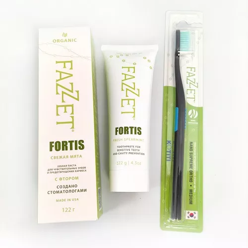 Зубная паста «FORTIS» торговой марки FAZZET, 122 гр с фтором  + ПОДАРОК (зубная щетка ортодонтическая т.м. FAZZET, средней жесткости)