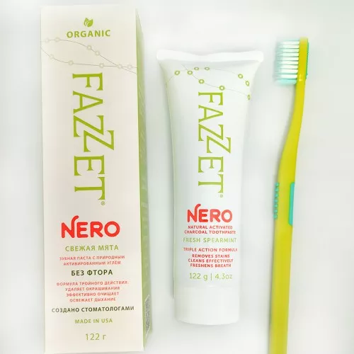 Зубная паста Fazzet Nero organic без фтора с активированным углём, 122 г + Подарок (зубная щетка)