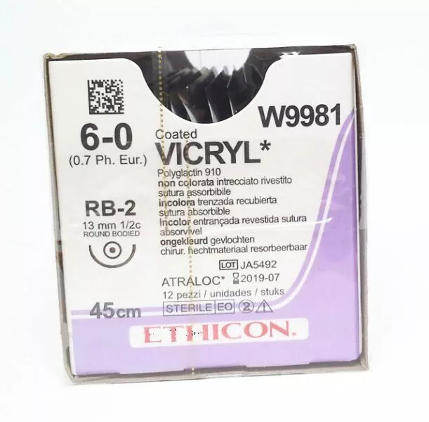 Викрил с 1 атравматичной иглой L=45см., USP 6-0, RB-2, 13мм 1/2с - 12 штук (Johnson&Johnson)