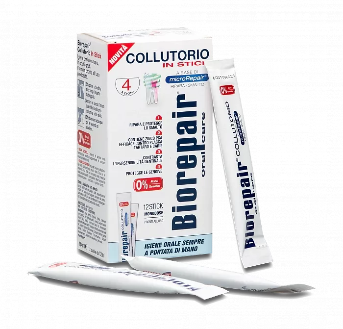 Жидкость для полоскания рта концентрированная в стикерах Biorepair 4-action Mouthwash in stick, 12 х 12 мл
