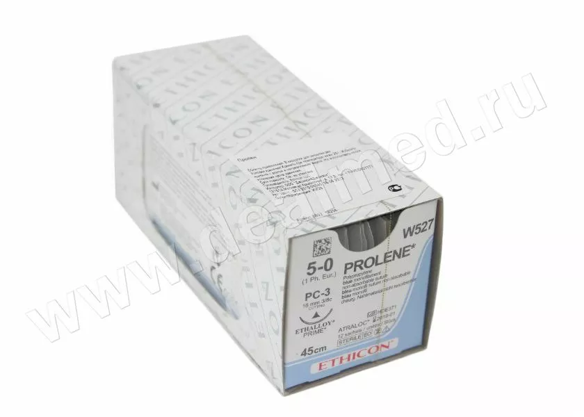 PROLENE (ПРОЛЕН) шовный материал М1 (5/0), две колющих иглы 16 мм., 90 см. х 12 шт.