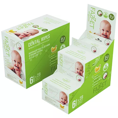 Fazzet-organic Dental Wipes детские влажные салфетки для полости рта 0-3 года, дисплей-бокс 6 х 28 шт.